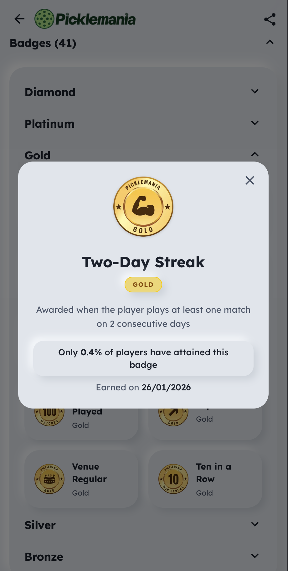 Badge collection showing earned achievements and milestones